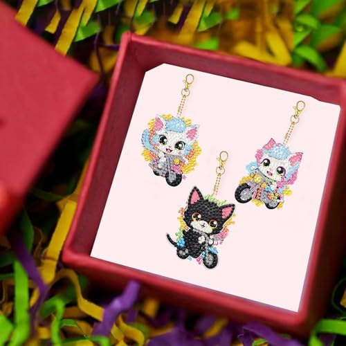 Masendp 8 Pieces Diamond Painting Keychain Animal Cat Style Diamond Art Jewelry Double-Sided 5D Diamond Painting Kit for Beginners Adult DIY Art Craft Gifts Home Decor for cat Lovers Best Gifts