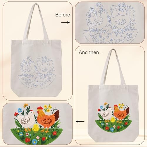 Louise Maelys Embroidery Kit Canvas Tote Bag, Chicken Floral Pattern