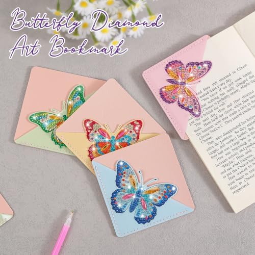 4Pcs Diamond Painting DIY Corner Leather Bookmarks, Handmade Butterfly Diamond Art Bookmark for Adults, Protecting Book Craft Supplies Kits for Girl Women Book Lovers
