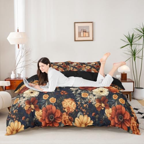 Erosebridal Boho Floral Duvet Cover Queen Size Bohemian Flower Botanical Bedding Set for Adults Teens Women Rustic Farmhouse Floral Comforter Cover Abstract Flowers Bedclothes Room Decor