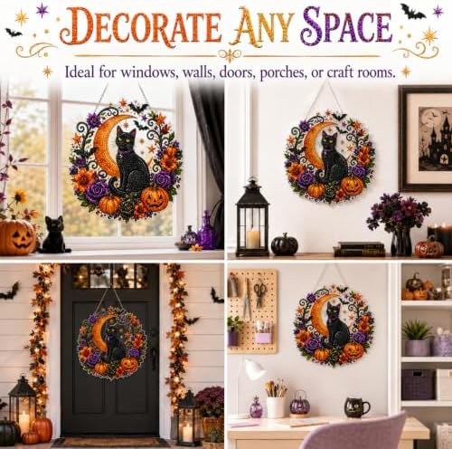 Silkivana Halloween Black Cat Moon Diamond Art Hanging Ornament Kit, Double Sided Faceted Rhinestone Suncatcher, DIY Window Hanging Pendant Decor for Indoor & Outdoor Home Wall Craft