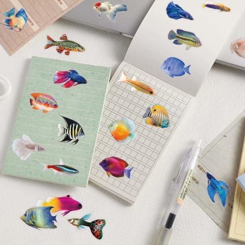 50 Pcs PET Transparent Fish Stickers, Waterproof Vinyl Colorful Tropical Fish Decals for Laptop Skateboard Luggage, Vivid Aquatic Creature Stickers Gift for Kids Teens Adults（Fish