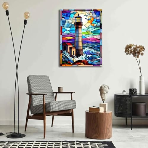 DIYDECORFUN Lighthouse Diamond Art Kits for Adults,DIY 5D Stained Glass Lighthouse Diamond Painting Kit for Beginners,Full Round Drill Landscape Dot Mosaic Gem Art for Home Wall Decor12X 16Inch