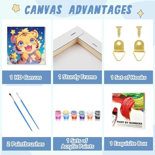 XTCIXAL Paint by Numbers Kit for Kids with Frame, Tiger, 8X8 inch