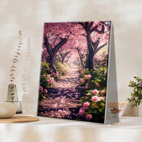JOOZ Paint by Numbers Kit for Adults Landscape Paint by Number with Frame DIY Cherry Blossom Paint by Number with Easel Flowers Paint by Numbers Kit on Canvas for Gift Home Wall Decor 7.87x11.81 Inch
