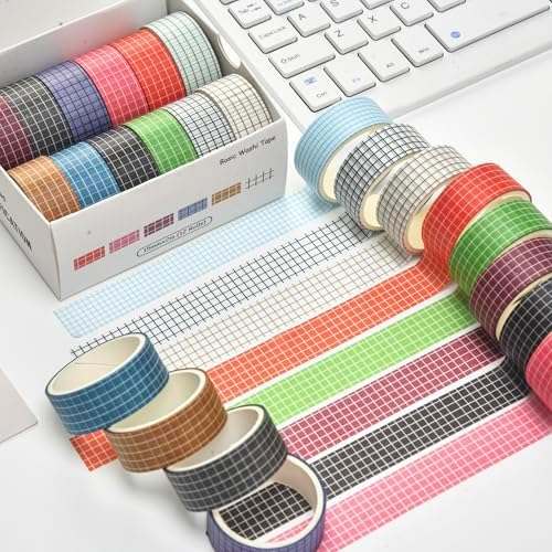 12 Rolls Grid Washi Tape Set Plaid Arts Adhesive Tapes Basic Patterns Decorative Masking Tape Sets for Craft, Kids, Scrapbook, DIY, Gift Wrapping (Style One)