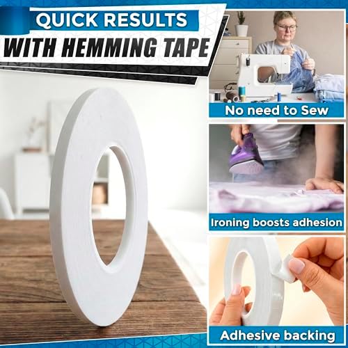 Fabric Tape for Clothes 1/4 In x 60 Yd – Double Sided Hem Tape No Iron – Ultra-Thin Transparent Fabric Adhesive for Quick Fixes, Seamless Bonding, Clean Removal, DIY Projects and Clothing Repairs