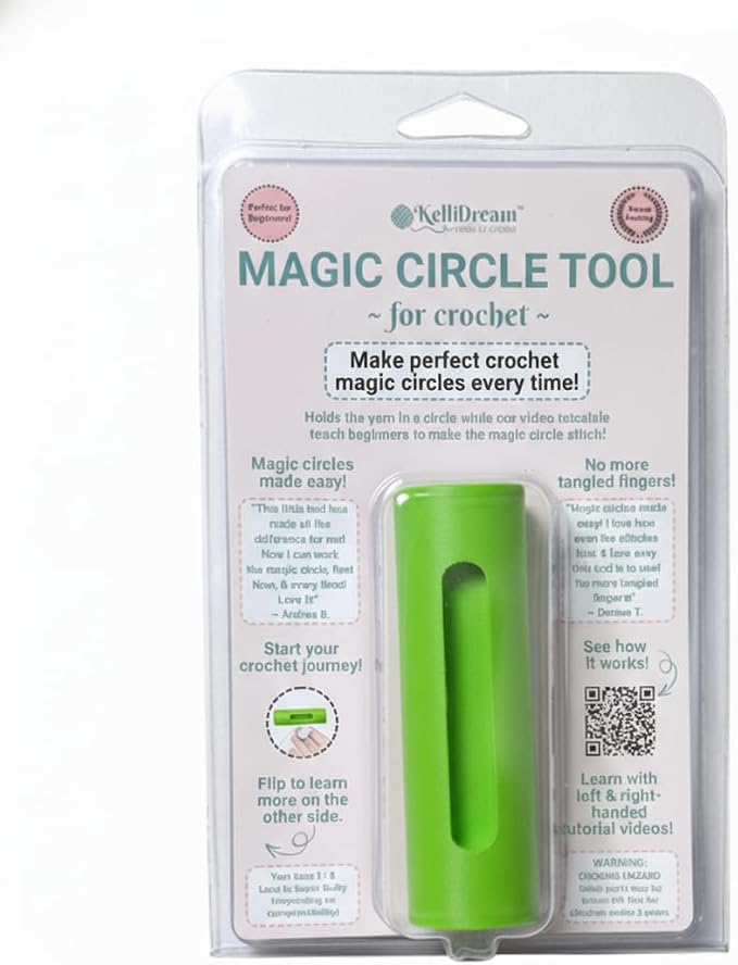 KelliDream Original Magic Circle Crochet Tool w Right & Left-Handed Step by Step Online English Instructions & Video, Learn How to Make a Magic Circle Stitch w All Yarn Sizes (Green)