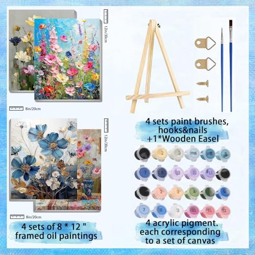 4 Pack Flowers Paint by Numbers for Adults with Framed Canvas 8x12inch