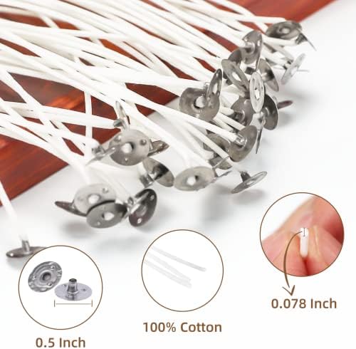 JEAWIWI 100 Pcs Candle Wicks, 6 in, with Wick Stickers & Wooden Holders