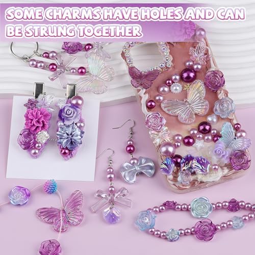 350 Pieces 3D Resin ABS Colorful Rose Flower Bows Butterfly Charms with Flatback Half Round Pearl Beads for Bracelet Earring Necklace Craft DIY Making Supplies