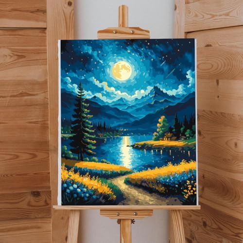 Lovepefe Moon Paint By Numbers Kit for Adults Beginner Forest Adult Paint By Number Kits On Canvas Adults Kits DIY Lake Flowers Oil Painting Kits for Gift Home Wall Decor 16x20 Inch