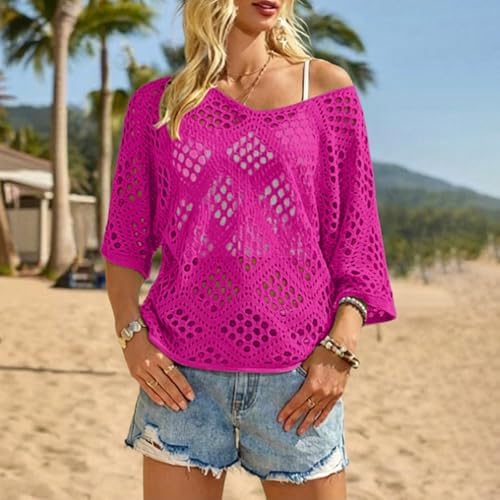 Bohemian Crochet Tops for Women 3/4 Sleeve V-Neck Open Knit Pullover Beach Cover Ups Hollow Out Boho Vacation Blouse