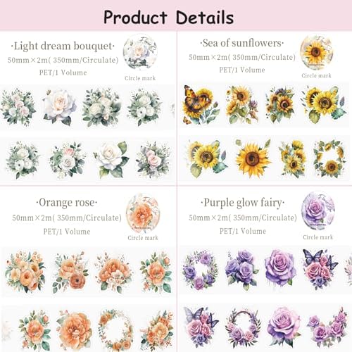 8Rolls Floral Washi Tape Set Flower PET Tapes Stickers for Crafts | Journaling Scrapbooking Supplies, Planner, Bullet Journals,Gift Wraping,Sunflower Rose Hydrangea Butterfly Decorative