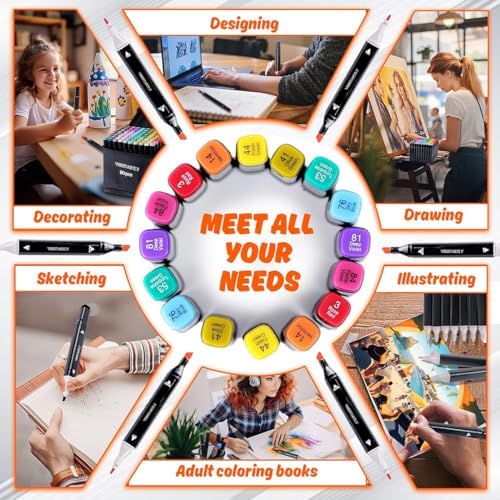 VBESTARTLY 168 Colors Alcohol Markers with Base, Permanent Dual Tip Art Markers for Adults Anime Coloring Sketch Illustrations Pefect for Gift- Refillable