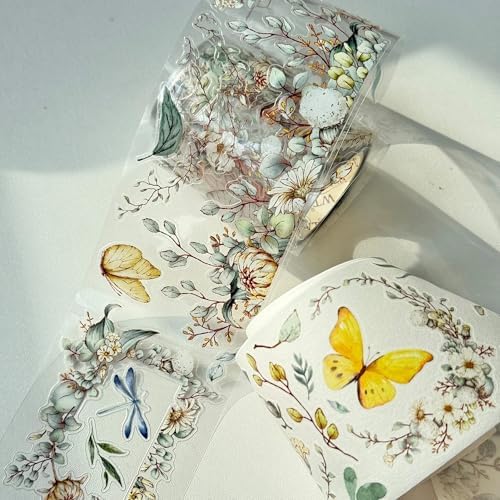 WT Pre-Cut Zephyr Bloom Wide PET Tape, Single Roll, Original Designs, Wildflower & Butterfly Motifs, Transparent Decorative Tape for Journaling, Planner & DIY Crafts, 60mm x 5m