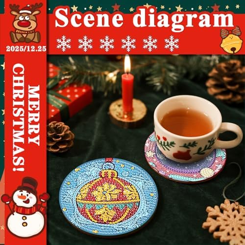 DOTSOPS 8 Pcs Diamond Art Kits for Adults Small Diamond Art Coasters with Holder,Diamond Art Painting Coasters for Adults Beginners Diamond Craft for Christmas Birthday (Christmas Ornaments)
