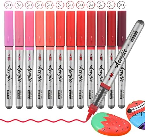 Red Acrylic Paint Pens,12 Color Paint Pen Markers,Brush Tip Paint Pens for Rock Painting Wood Glass Ceramic Canvas Stone DIY Crafts Making Art Supplies