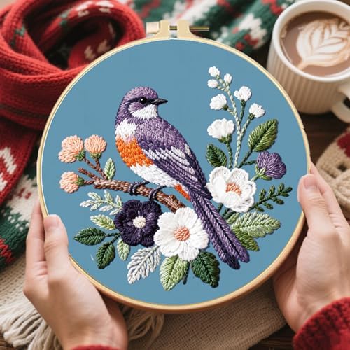 FREEBLOSS 4 Sets Embroidery Kit for Beginners Needlepoint Birds&Wreath Stamped Embroidery Starter Kit with Instructions, Needles, Threads, 2 Hoops 11.6"/29.5CM