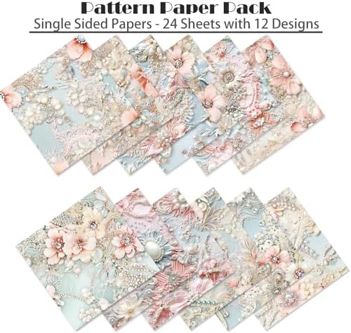 6x6 Scrapbook Paper Pad - Pearl Embroidery 160gsm Heavyweight Cardstock, 24 Pcs Luxury Lace Texture Decorative Paper for Wedding Scrapbooking & DIY Crafts