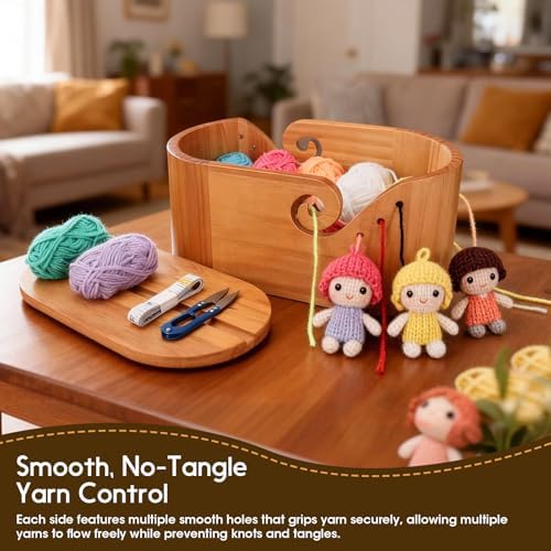 Large Wood Yarn Bowl with Lid Crochet Yarn Holder Knitting Organizer Basket