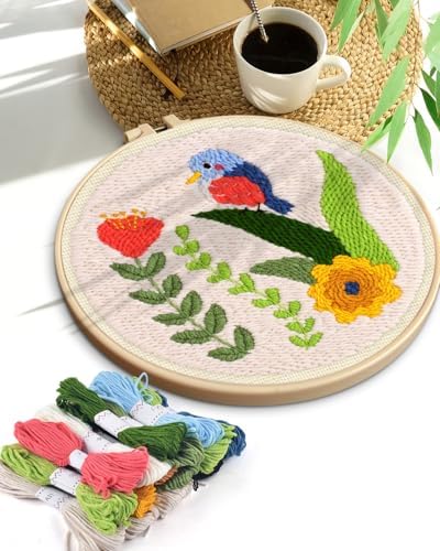 TINDTOP Punch Needle Kits, DIY Punch Embroidery Kits for Adults Beginner, Tool with Punch Needle Fabric, Hoops, Yarns and Sewing Needles (Set C)