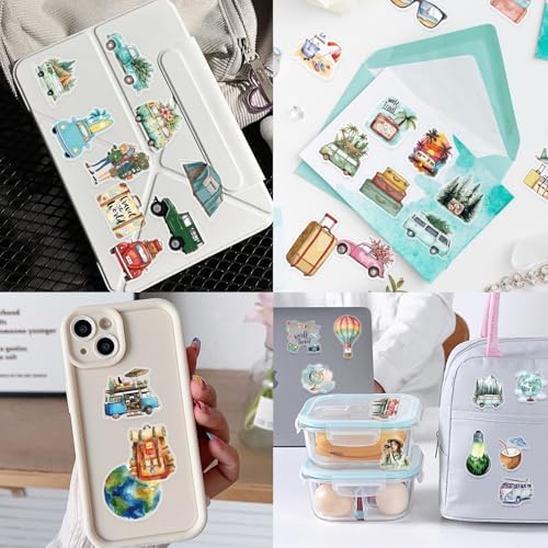 50PCS Vintage Watercolor Travel Stickers – Retro Vacation Clear Aesthetic Outdoor Adventure Stickers for Scrapbooking, Journaling, Luggage, Travel Decor