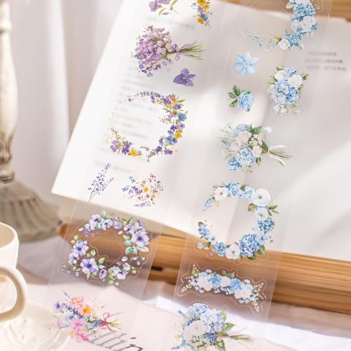 PET Tape Stickers for Journaling 6 Rolls Flower Washi Tape Stickers Decorative Tape for Crafts Scrapbooking Junk Journal Supplies, Wreath of Letters