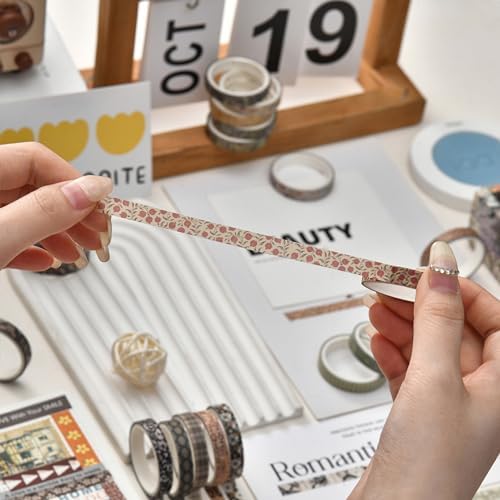 20 Rolls Skinny Vintage Washi Tape Set Retro Arts Adhesive Tapes Basic Patterns Decorative Masking Tape Sets for Craft, Kids, Scrapbook, DIY, Gift Wrapping (Remaining Joy)