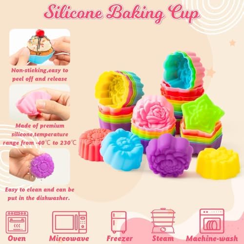 R HORSE 42 Pack Silicone Molds Cupcake 2 Inch Mini Size Multi Flower-Shaped Baking Cups Non-Stick Donut Wrapper Mold Muffin Liners Washable for Desserts Ice Creams Puddings Donut Supply Party