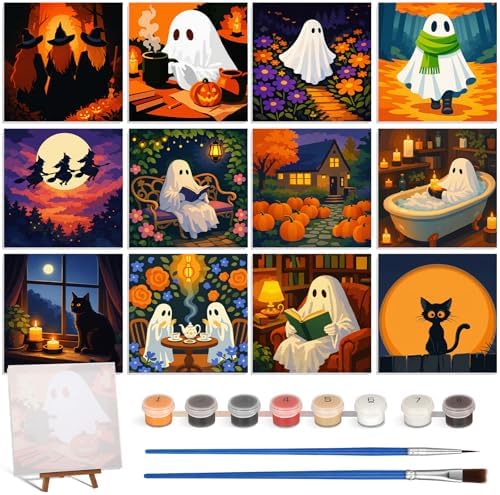 Nezyo 12 Pack Halloween Paint by Numbers Kit for Adults Beginner 8x8 Inch | Ghost Black Cat Witch Pattern, Paint by Number Frame Canvas, DIY Acrylic Easy Painting by Numbers for Home Wall Decor Party