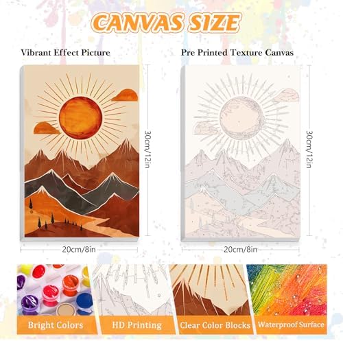 KEYIFA Paint by Numbers for Adults on Framed Canvas - with Wooden Easel, Mountain Painting by Number Kit for Beginners, DIY Sun Acrylic Paint-by-Number Kits for Home Wall Decor (8x12 inch)