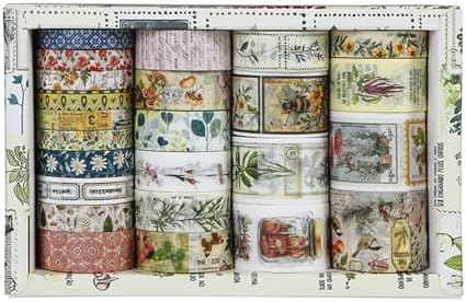 Vintage Washi Tape Set - 24 Rolls Arts Adhesive Tapes Assorted Retro Decorative Masking Tape Sets for Craft, Kids, Scrapbook, DIY, Gift Wrapping (5-Botanical Garden)