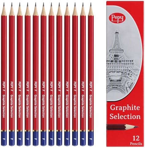 Pepy Graphite Professional Drawing Pencils - Set of 12 F Pre-Sharpened Black Lead Pencils; Perfect for Drawing, Sketching and Shading, Graphic and Fine Art