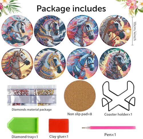 8 Pack Horse Diamond Art Coasters Kit for with Holder & Cork Backing