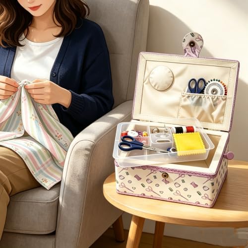 Sewing Box with Accessories Set, Fabric Floral Craft Storage Organizer Basket for Women & Girls, Portable Sewing Kit for Beginner, Travel, Mending, Embroidery Supplies