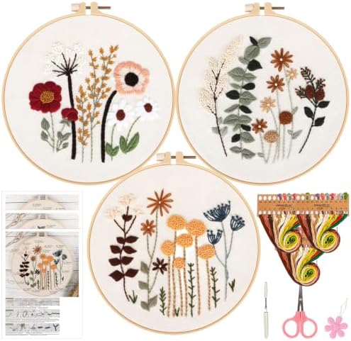 Herdiese Embroidery Kit for Beginners & Adults, 3 Floral Patterns & Hoop