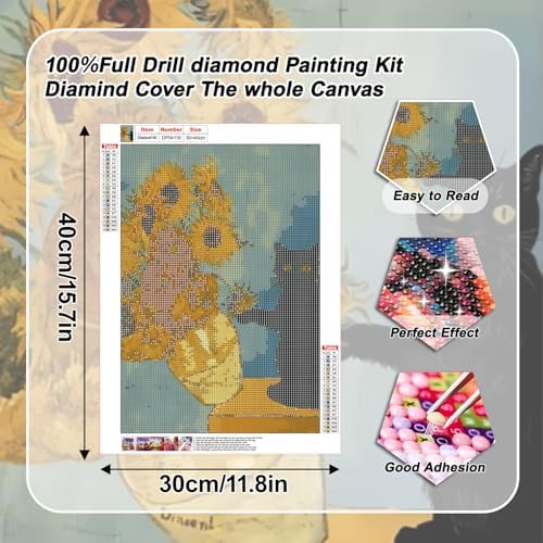 VeGuude Cat Diamond Art Kits for Adults, Full Drill Van Gogh Sunflowers Diamond Painting Kits for Beginners, DIY Full Rhinestone 5D Diamond dots (Gemstone Craft), Home Wall Decoration (12x16 inch)