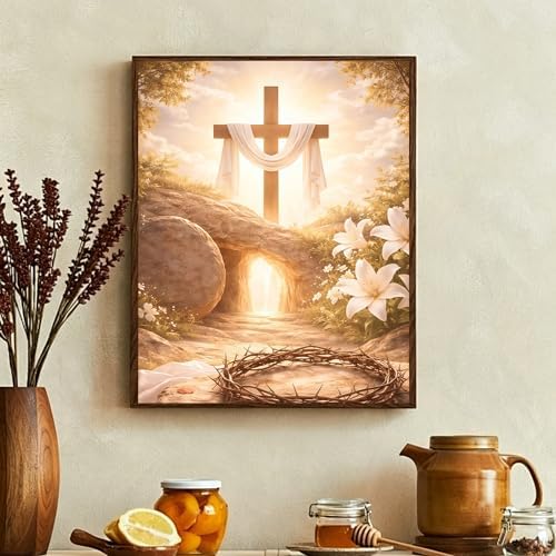 ckdiluy Cross Easter Diamond Art Kits for Adults Beginners, 5D DIY Religious Diamond Painting Kits, Full Round Drill Diamonds Dots Gem Art Crystal, Home Wall Decor 12X16 Inch