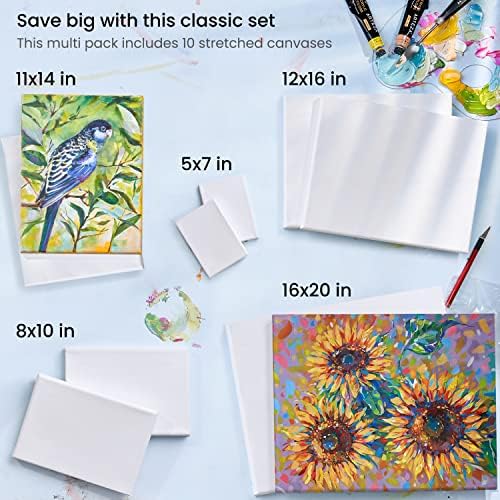 ARTEZA Stretched Canvas, 5 x 7, 8 x 10, 11 x 14, 12 x 16, 16 x 20 Inches, Multipack of 10, Blank White Canvas for Acrylic, Oil and Gouache Painting | Stretched Cotton Surface, Pinewood Bars, 8 oz Acid-Free Acrylic Gesso, For Oil, Watercolor, Acrylic, T...