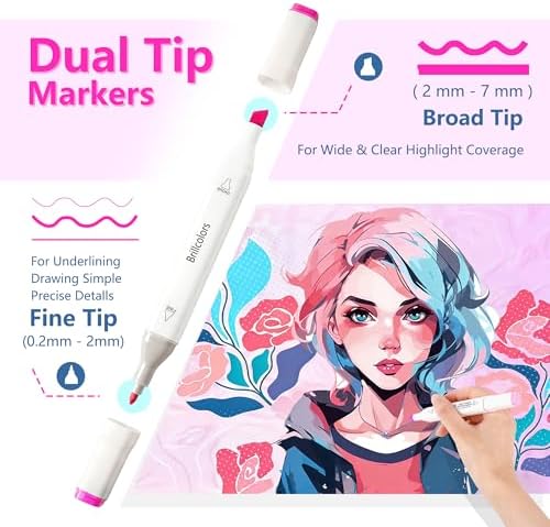 Brillcolors 80 Colors Alcohol Markers with Base Dual Tip Drawing Markers for Adult and Kids Comics Coloring Sketching Illustration (80 White) -Refillable