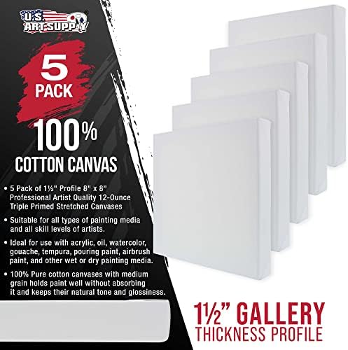U.S. Art Supply 8"x8" Stretched Canvas for Painting, Gallery Depth 5-Pack | Square, 1-1/2" Thick - 12oz Acrylic Gesso Triple Primed, Professional Artist Quality, 100% Cotton - Oil, Pouring Paint