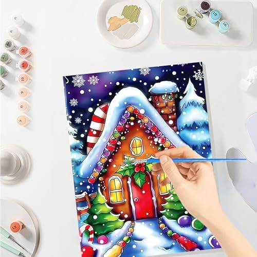 SENQAO Christmas Paint by Numbers for Adults Beginners Framed, Candy House Adults' Paint-by-Number Kits, Adult Paint by Number Kits on Canvas, Acrylic Number Painting for Home Decor, 8x12inch