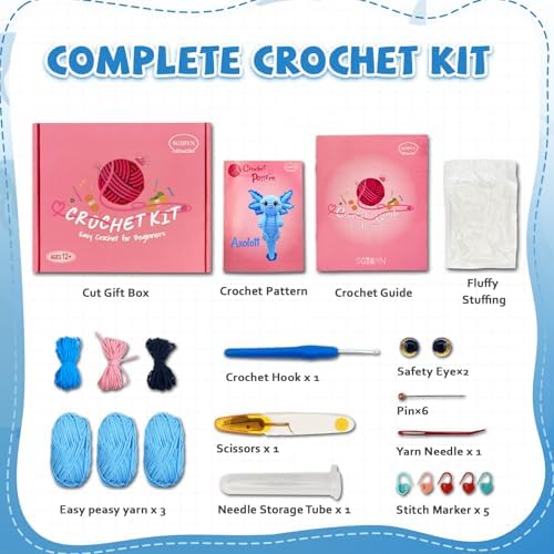 SGIBYN Crochet Kit for Beginners - DIY 11.8 Inch Large Axolotl with Video