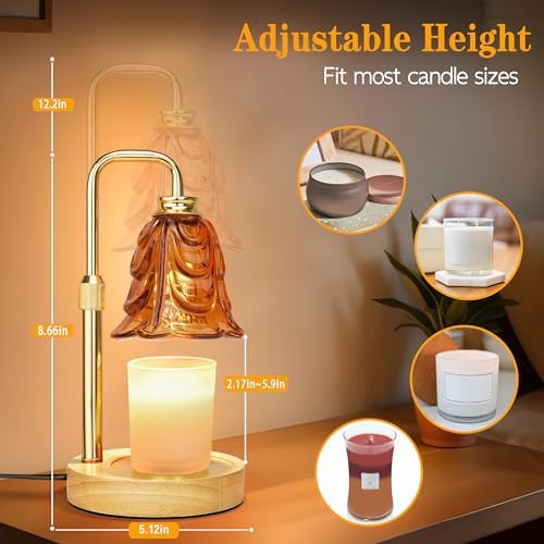 XJZJY Amber Flower Candle Warmer Lamp with Timer, Birthday Gifts for Women | Dimmable wax melt warmer with 2 bulbs for jar candles, height adjustable, Amber tulip design, home decor, housewarming gifts