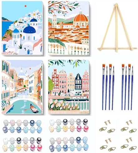 VIGEGU 4 Pack Paint by Numbers Kit for Adults Beginner with Frame