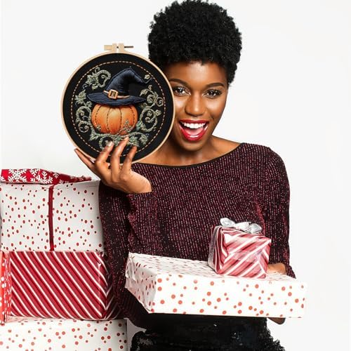 FONNUY Pumpkin Embroidery Kit for Beginners, Pre-Stamped Pattern Kits for Adults with Hoop, Easy to Follow Color Thread Needlework, 8'' Hoop (Witch Hat 4)