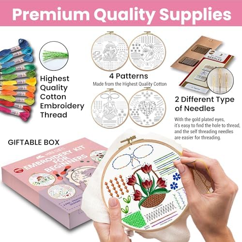 Moni Crafts Adult Beginner Embroidery Kit – 4 Pre-Printed Patterns (Flower, Mushroom, Floral, Heart) – Learn 41 Stitches, Hand Embroidery Starter Craft Set