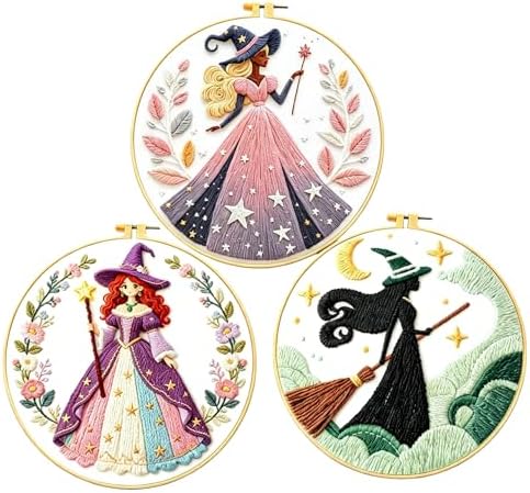 Zhenqing 3-Pack Witch Embroidery Kit for Beginners, Fantasy Magical Needlework Set with Pre-Printed Fabric, Hoop, Threads & Tools, Halloween Decor (C0181)