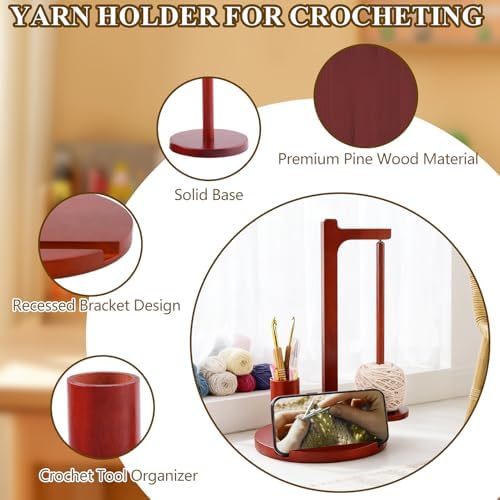 Yarn Holder for Crocheting and Knitting, Wooden Magnetic Yarn Spinner Rotating Holder with Crochet Hooks and Needles, Phone Stand and Storage Organizer, Ideal Gift for Knitting Lovers